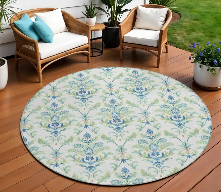 8' Artichoke Green Ivory And Blue Round Damask Washable Indoor Outdoor Area Rug Photo 1