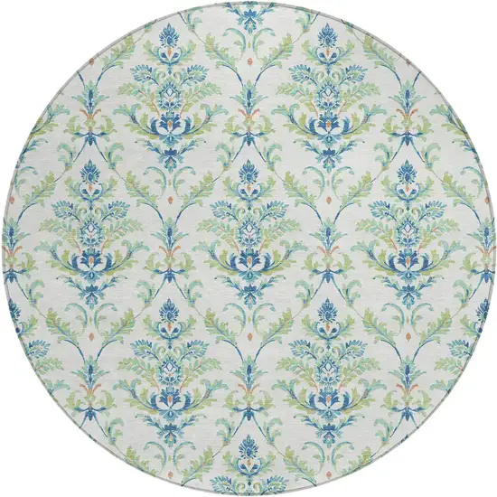 8' Artichoke Green Ivory And Blue Round Damask Washable Indoor Outdoor Area Rug Photo 2