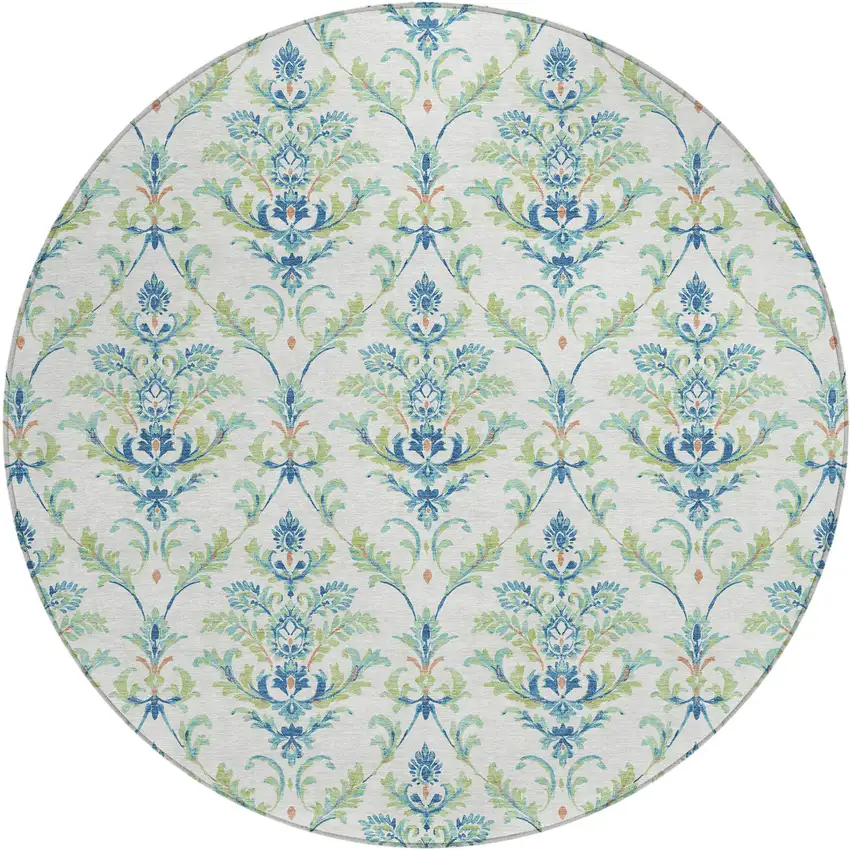 8' Artichoke Green Ivory And Blue Round Damask Washable Indoor Outdoor Area Rug Photo 2