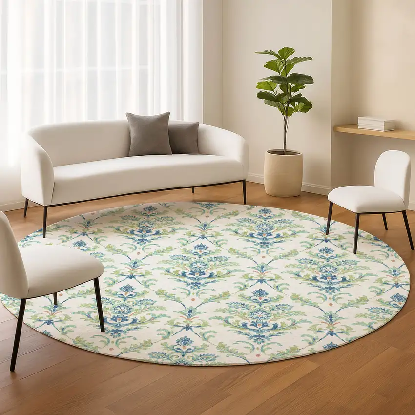 8' Artichoke Green Ivory And Blue Round Damask Washable Indoor Outdoor Area Rug Photo 9