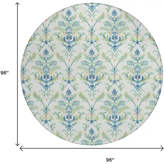 8' Artichoke Green Ivory And Blue Round Damask Washable Indoor Outdoor Area Rug Photo 3