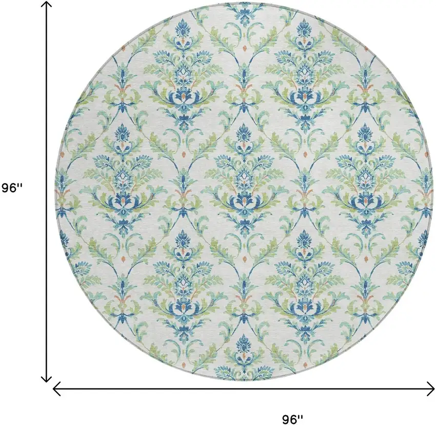 8' Artichoke Green Ivory And Blue Round Damask Washable Indoor Outdoor Area Rug Photo 3