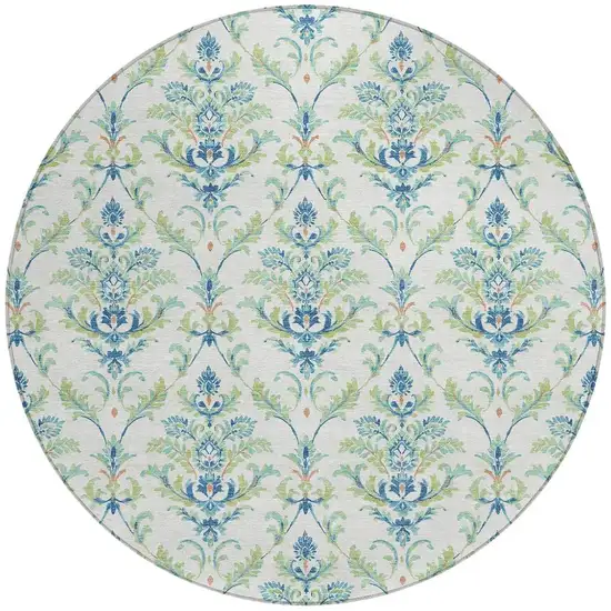 8' Artichoke Green Ivory And Blue Round Damask Washable Indoor Outdoor Area Rug Photo 4
