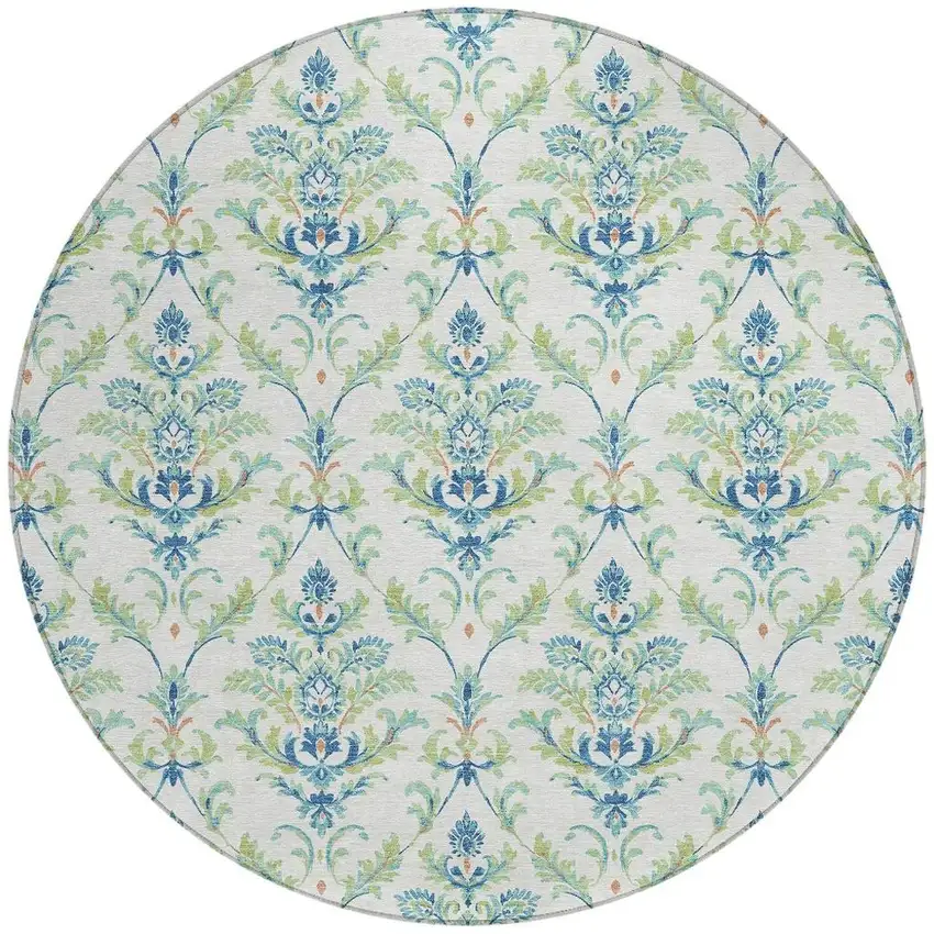 8' Artichoke Green Ivory And Blue Round Damask Washable Indoor Outdoor Area Rug Photo 4