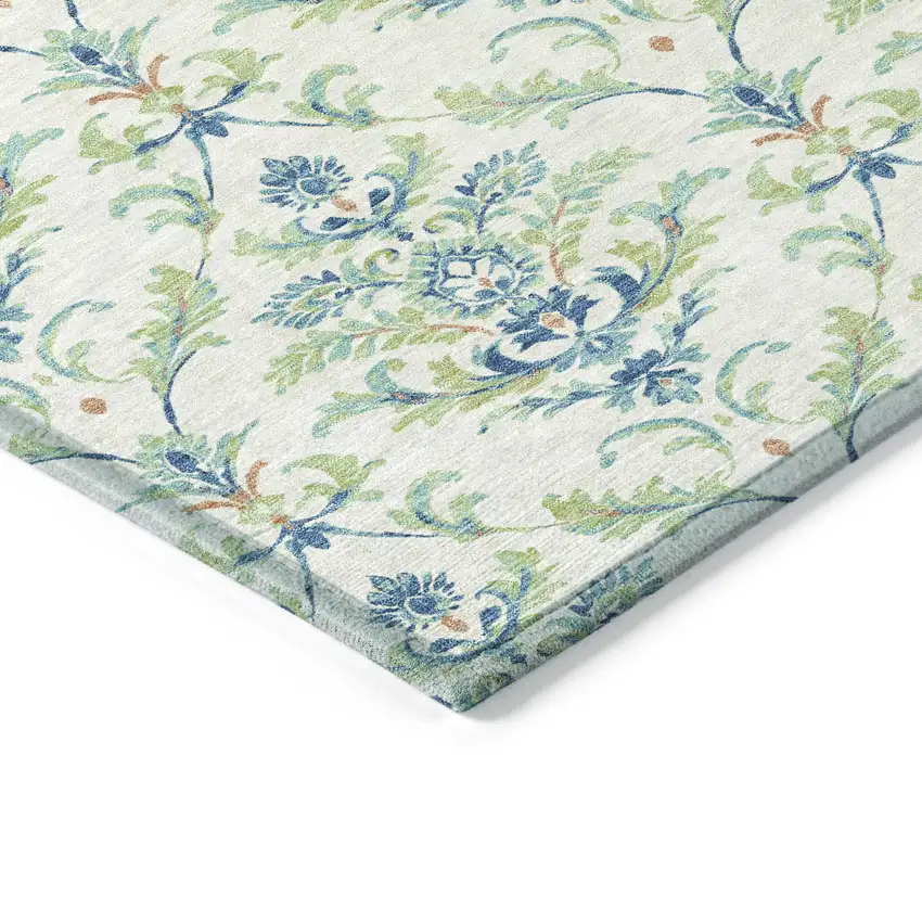 8' Artichoke Green Ivory And Blue Round Damask Washable Indoor Outdoor Area Rug Photo 6