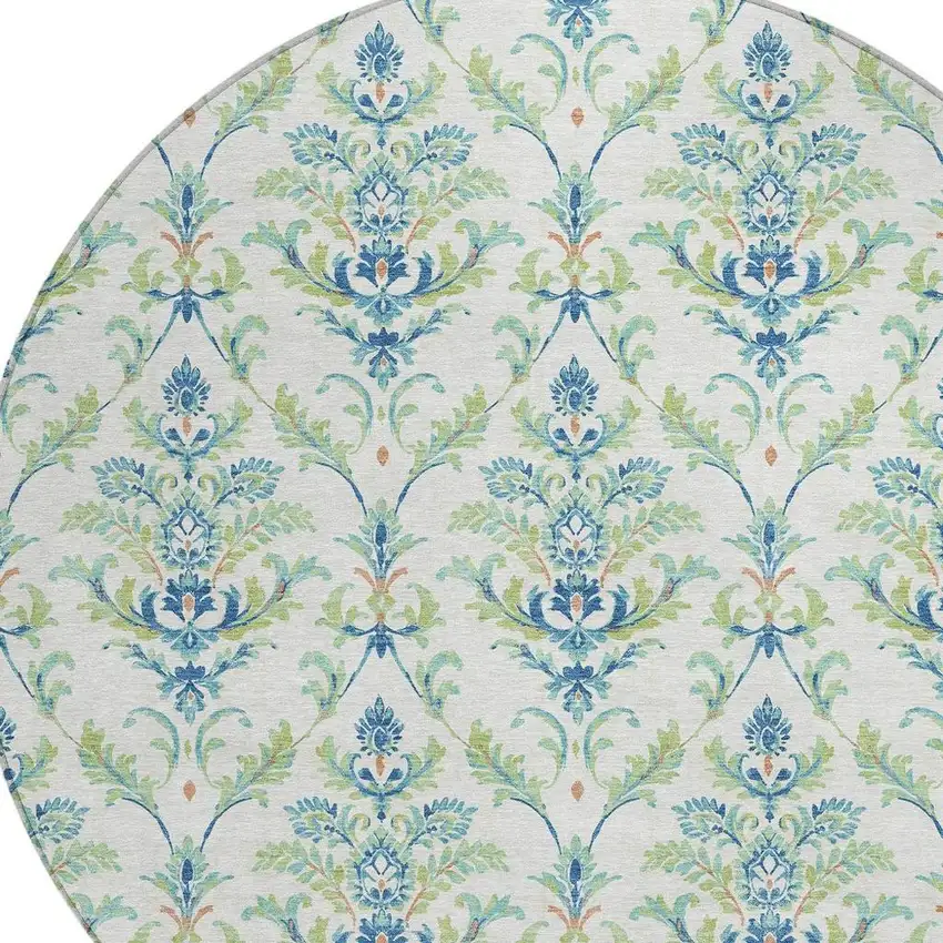 8' Artichoke Green Ivory And Blue Round Damask Washable Indoor Outdoor Area Rug Photo 7