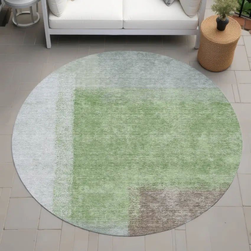 8' Artichoke Green Ivory And Brown Round Abstract Washable Indoor Outdoor Area Rug Photo 8