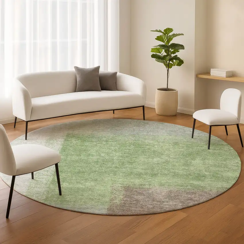 8' Artichoke Green Ivory And Brown Round Abstract Washable Indoor Outdoor Area Rug Photo 9