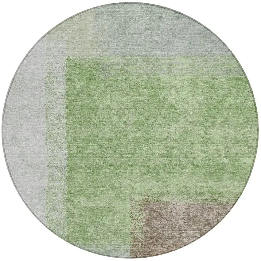 8' Artichoke Green Ivory And Brown Round Abstract Washable Indoor Outdoor Area Rug Photo 4