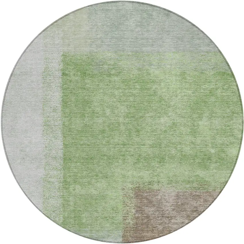 8' Artichoke Green Ivory And Brown Round Abstract Washable Indoor Outdoor Area Rug Photo 2