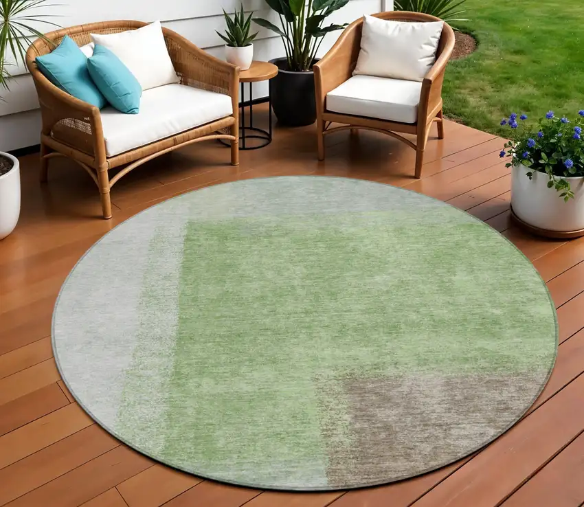 8' Artichoke Green Ivory And Brown Round Abstract Washable Indoor Outdoor Area Rug Photo 1
