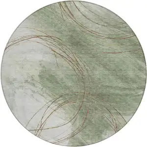 Photo of 8' Artichoke Green Ivory And Brown Round Abstract Washable Indoor Outdoor Area Rug
