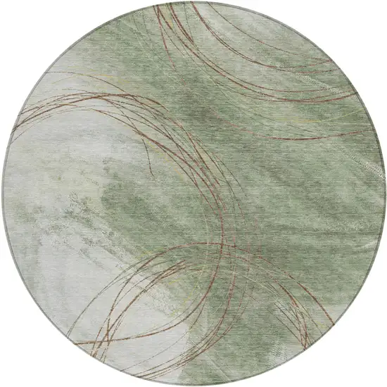 8' Artichoke Green Ivory And Brown Round Abstract Washable Indoor Outdoor Area Rug Photo 1