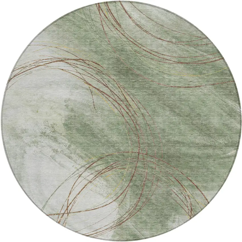 8' Artichoke Green Ivory And Brown Round Abstract Washable Indoor Outdoor Area Rug Photo 1