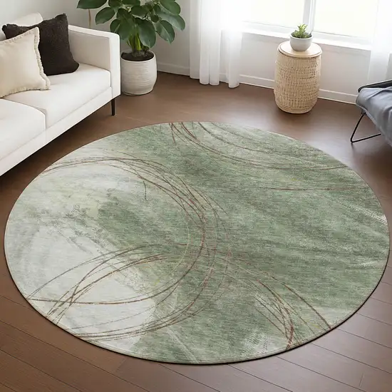 8' Artichoke Green Ivory And Brown Round Abstract Washable Indoor Outdoor Area Rug Photo 5