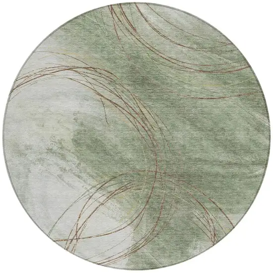 8' Artichoke Green Ivory And Brown Round Abstract Washable Indoor Outdoor Area Rug Photo 3