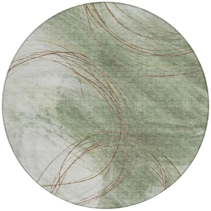 8' Artichoke Green Ivory And Brown Round Abstract Washable Indoor Outdoor Area Rug Photo 3