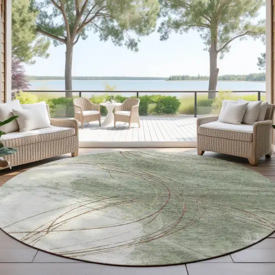 8' Artichoke Green Ivory And Brown Round Abstract Washable Indoor Outdoor Area Rug Photo 4
