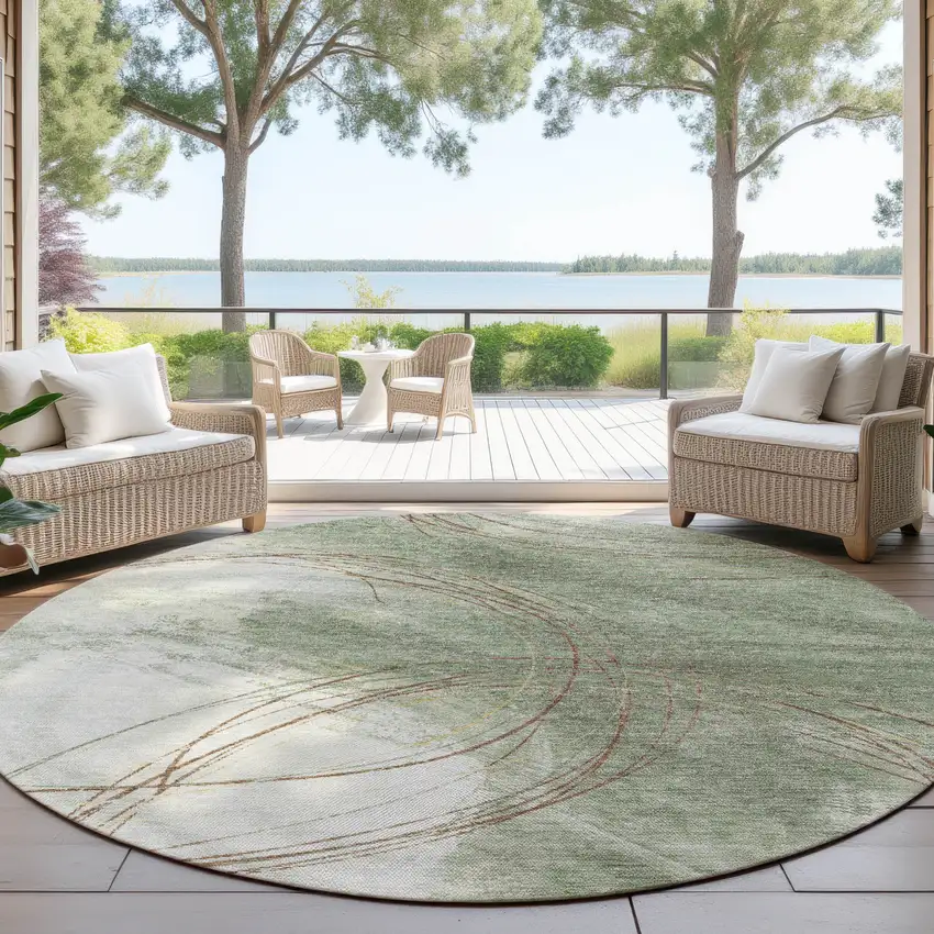 8' Artichoke Green Ivory And Brown Round Abstract Washable Indoor Outdoor Area Rug Photo 4