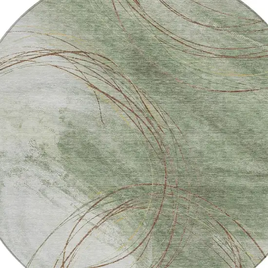 8' Artichoke Green Ivory And Brown Round Abstract Washable Indoor Outdoor Area Rug Photo 2