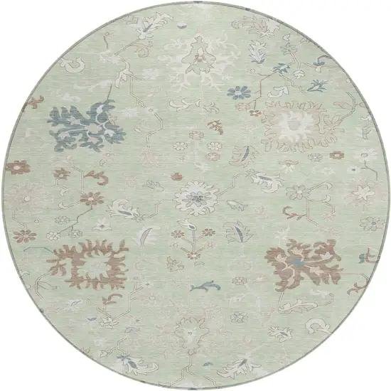 8' Artichoke Green Ivory And Brown Round Floral Washable Indoor Outdoor Area Rug Photo 1