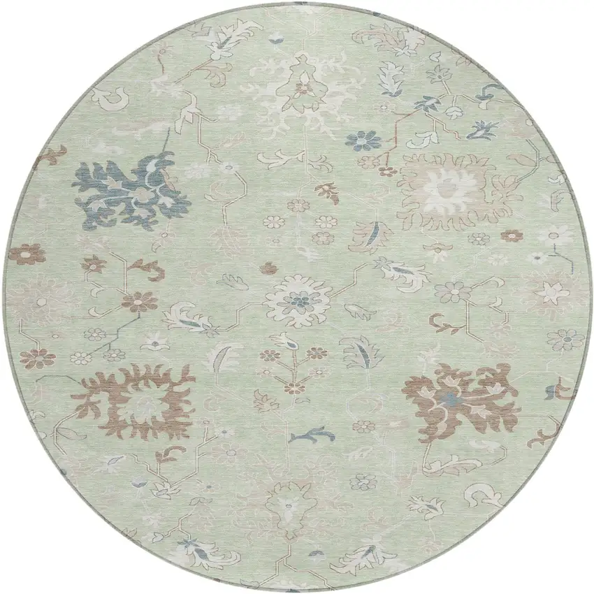 8' Artichoke Green Ivory And Brown Round Floral Washable Indoor Outdoor Area Rug Photo 1