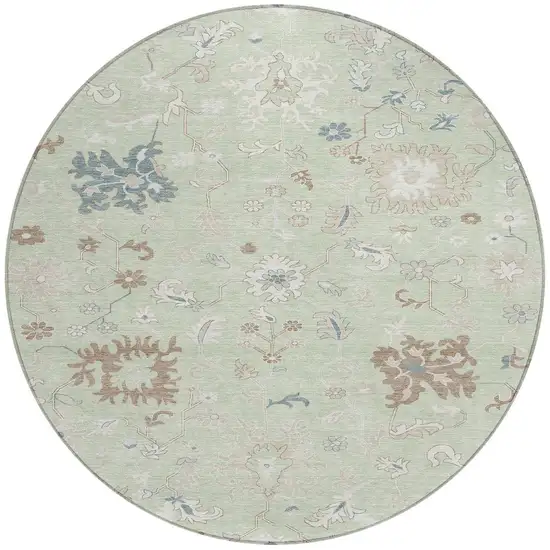 8' Artichoke Green Ivory And Brown Round Floral Washable Indoor Outdoor Area Rug Photo 3