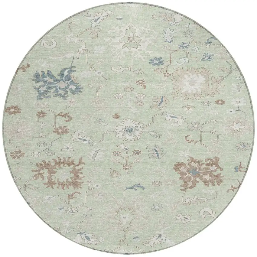8' Artichoke Green Ivory And Brown Round Floral Washable Indoor Outdoor Area Rug Photo 3