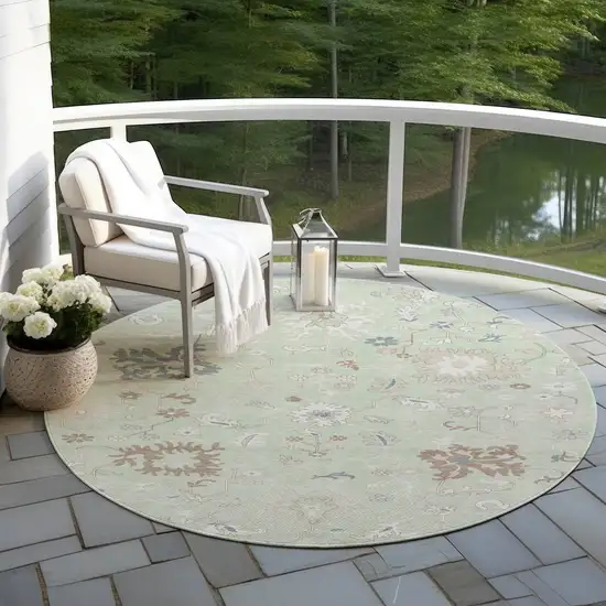 8' Artichoke Green Ivory And Brown Round Floral Washable Indoor Outdoor Area Rug Photo 5