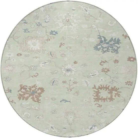 8' Artichoke Green Ivory And Brown Round Floral Washable Indoor Outdoor Area Rug Photo 4