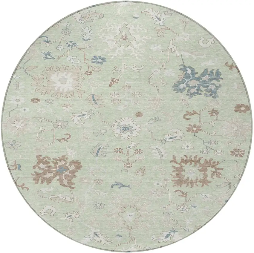 8' Artichoke Green Ivory And Brown Round Floral Washable Indoor Outdoor Area Rug Photo 4