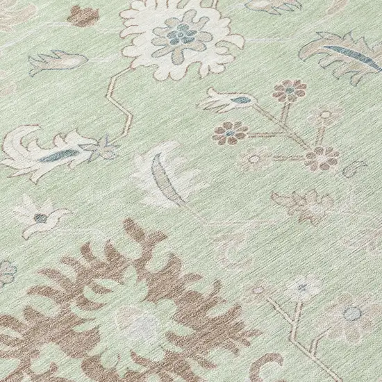 8' Artichoke Green Ivory And Brown Round Floral Washable Indoor Outdoor Area Rug Photo 9