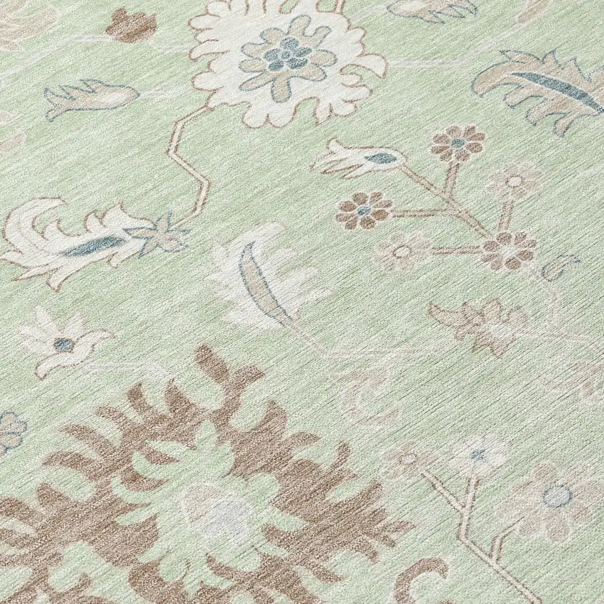 8' Artichoke Green Ivory And Brown Round Floral Washable Indoor Outdoor Area Rug Photo 9