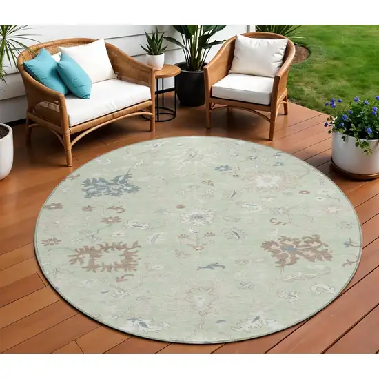 8' Artichoke Green Ivory And Brown Round Floral Washable Indoor Outdoor Area Rug Photo 2
