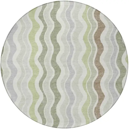8' Artichoke Green Ivory And Brown Round Striped Washable Indoor Outdoor Area Rug Photo 4