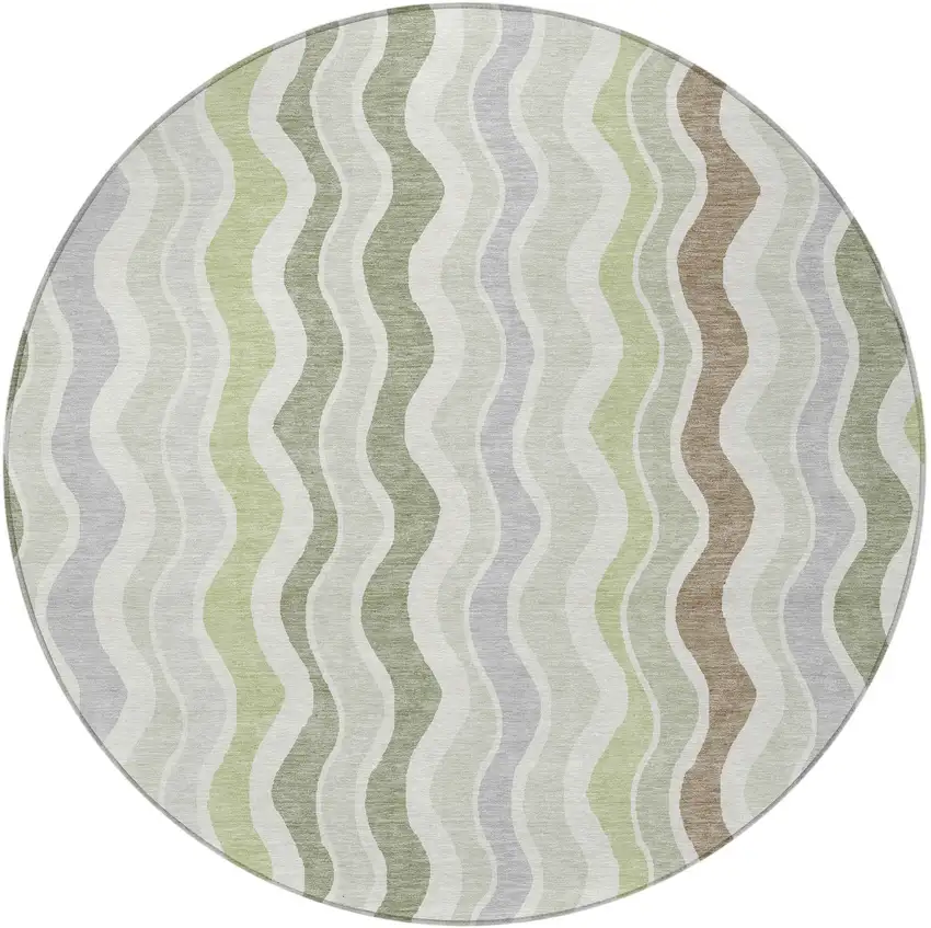 8' Artichoke Green Ivory And Brown Round Striped Washable Indoor Outdoor Area Rug Photo 4