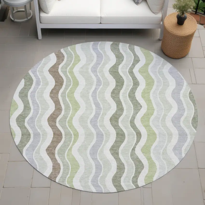 8' Artichoke Green Ivory And Brown Round Striped Washable Indoor Outdoor Area Rug Photo 6