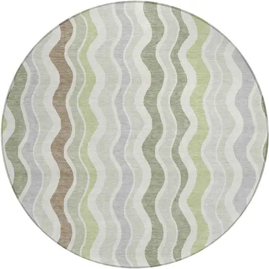 8' Artichoke Green Ivory And Brown Round Striped Washable Indoor Outdoor Area Rug Photo 2
