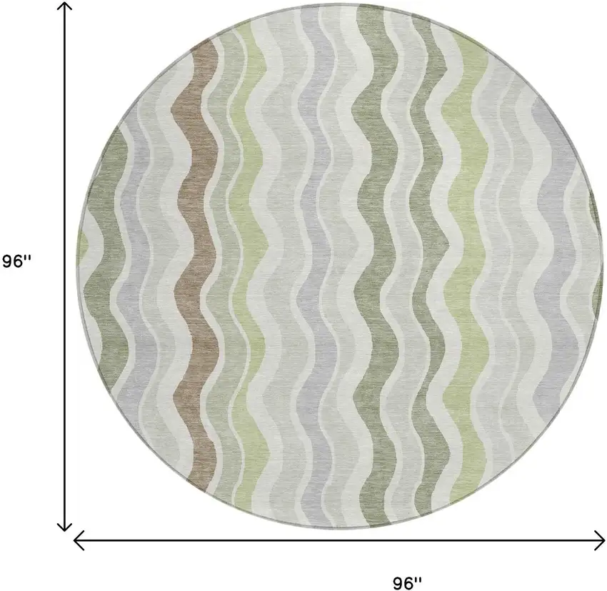 8' Artichoke Green Ivory And Brown Round Striped Washable Indoor Outdoor Area Rug Photo 3