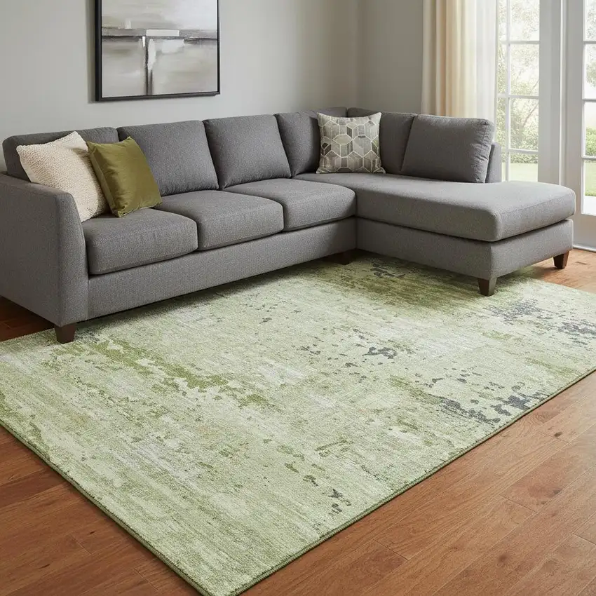 8' Artichoke Green Ivory And Charcoal Abstract Washable Area Rug With UV Protection Photo 2