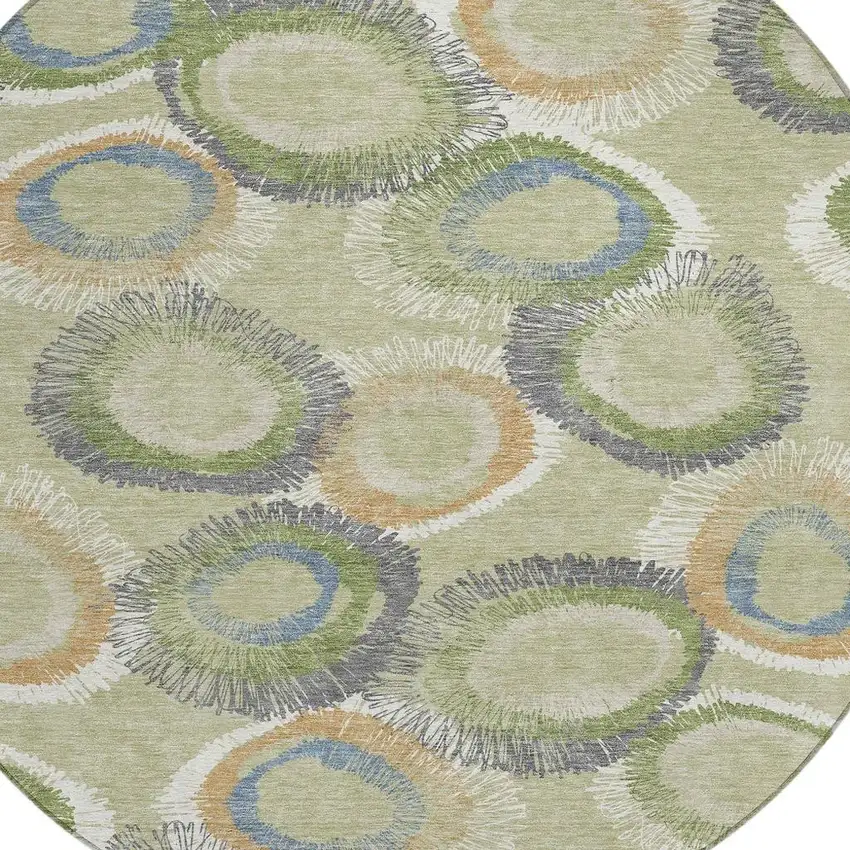 8' Artichoke Green Ivory And Copper Round Geometric Washable Indoor Outdoor Area Rug Photo 7