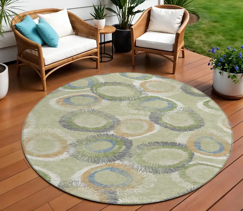 8' Artichoke Green Ivory And Copper Round Geometric Washable Indoor Outdoor Area Rug Photo 1