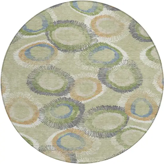 8' Artichoke Green Ivory And Copper Round Geometric Washable Indoor Outdoor Area Rug Photo 2