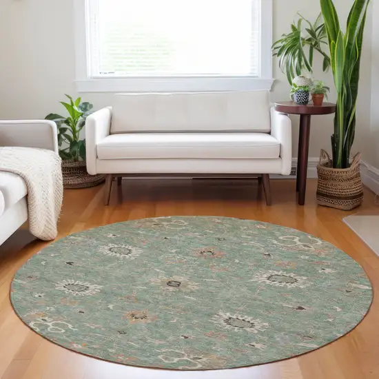 8' Artichoke Green Ivory And Coral Round Floral Washable Indoor Outdoor Area Rug Photo 9
