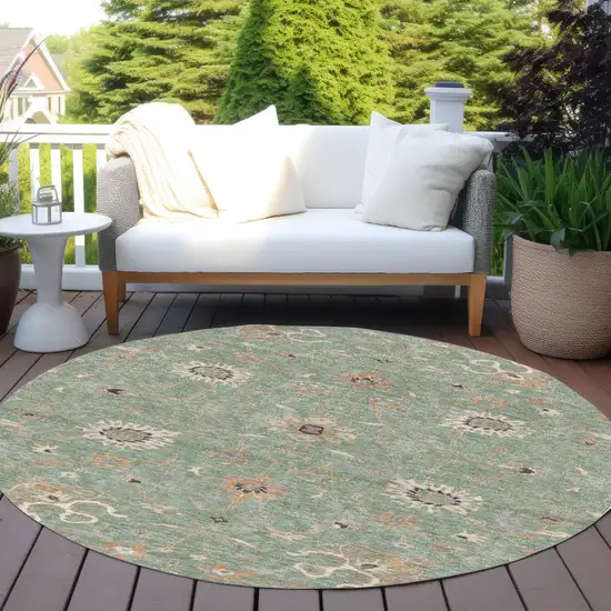 8' Artichoke Green Ivory And Coral Round Floral Washable Indoor Outdoor Area Rug Photo 8