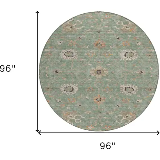 8' Artichoke Green Ivory And Coral Round Floral Washable Indoor Outdoor Area Rug Photo 8