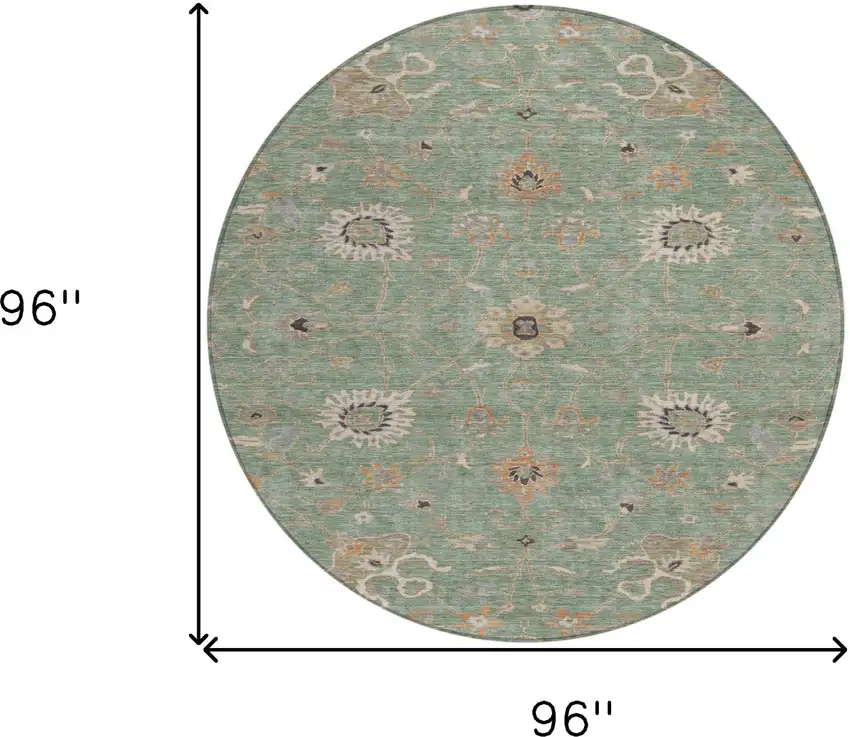 8' Artichoke Green Ivory And Coral Round Floral Washable Indoor Outdoor Area Rug Photo 8