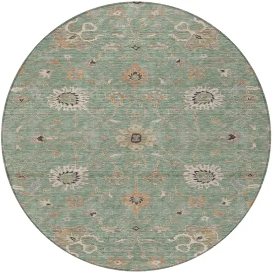 8' Artichoke Green Ivory And Coral Round Floral Washable Indoor Outdoor Area Rug Photo 7