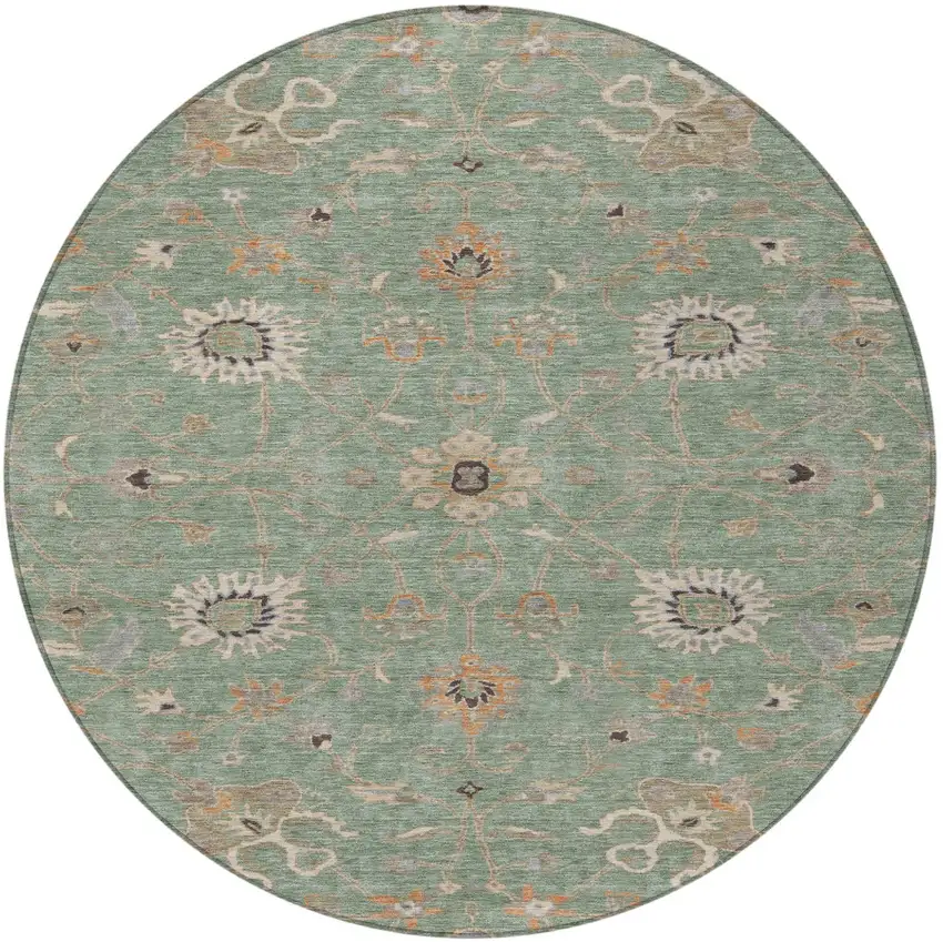8' Artichoke Green Ivory And Coral Round Floral Washable Indoor Outdoor Area Rug Photo 7