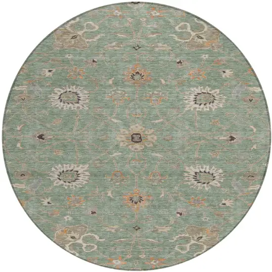 8' Artichoke Green Ivory And Coral Round Floral Washable Indoor Outdoor Area Rug Photo 2